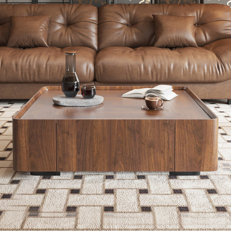Williston Forge Jillann Industrial Walnut Square Coffee Table with Storage Drawers for Living ...
